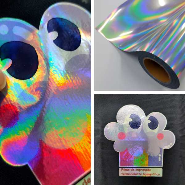 arte com 3 imagem uma com o rolo do filme de impressão holográfico e 2 exemplos de aplicação do Filme de impressão termocolante holográfico
