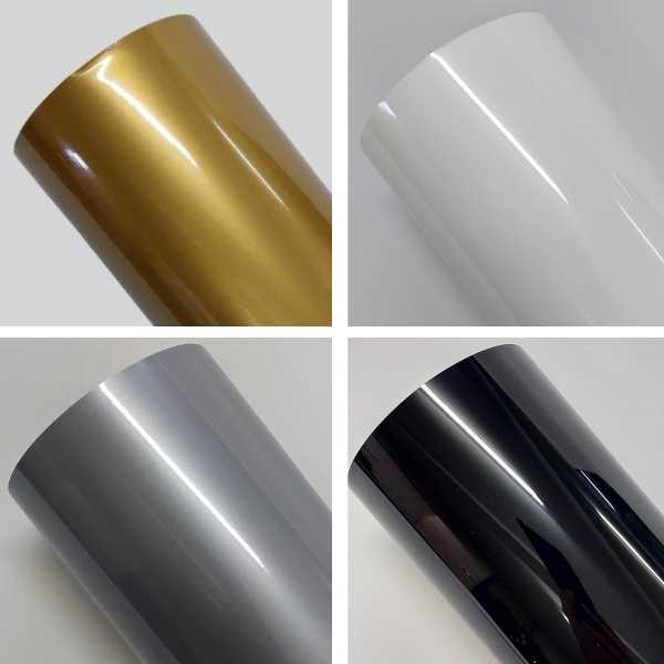 rolos de filme de recorte gloss nas cores dourado, branco, cinza e preto