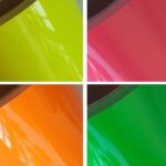 filme de recorte neon nas cores amarelo neon, laranja neon, verde neon e rosa neon