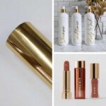 exemplos do uso da fita hot stamping para plástico dourada em potes de plástico e produtos de beleza