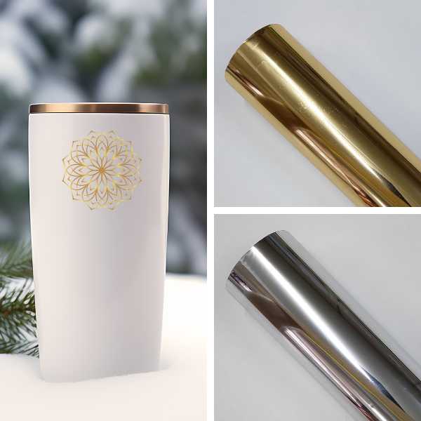 recorte de imagem onde mostra um exemplo do uso da fita hot stamping para plástico e um rolo prateado