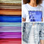 arte com três imagens: foil para tecido aplicado no jeans, foil para tecido aplicado em camiseta e imagem dos rolos de foil tecido
