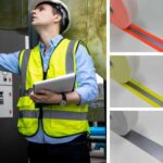 arte com imagem de um homem de colete com fita refletiva e mais 3 imagens de rolos de faixa refletiva antichamas