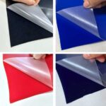 filme de recorte flocado nas cores preto, azul-royal, azul-marinho e vermelho